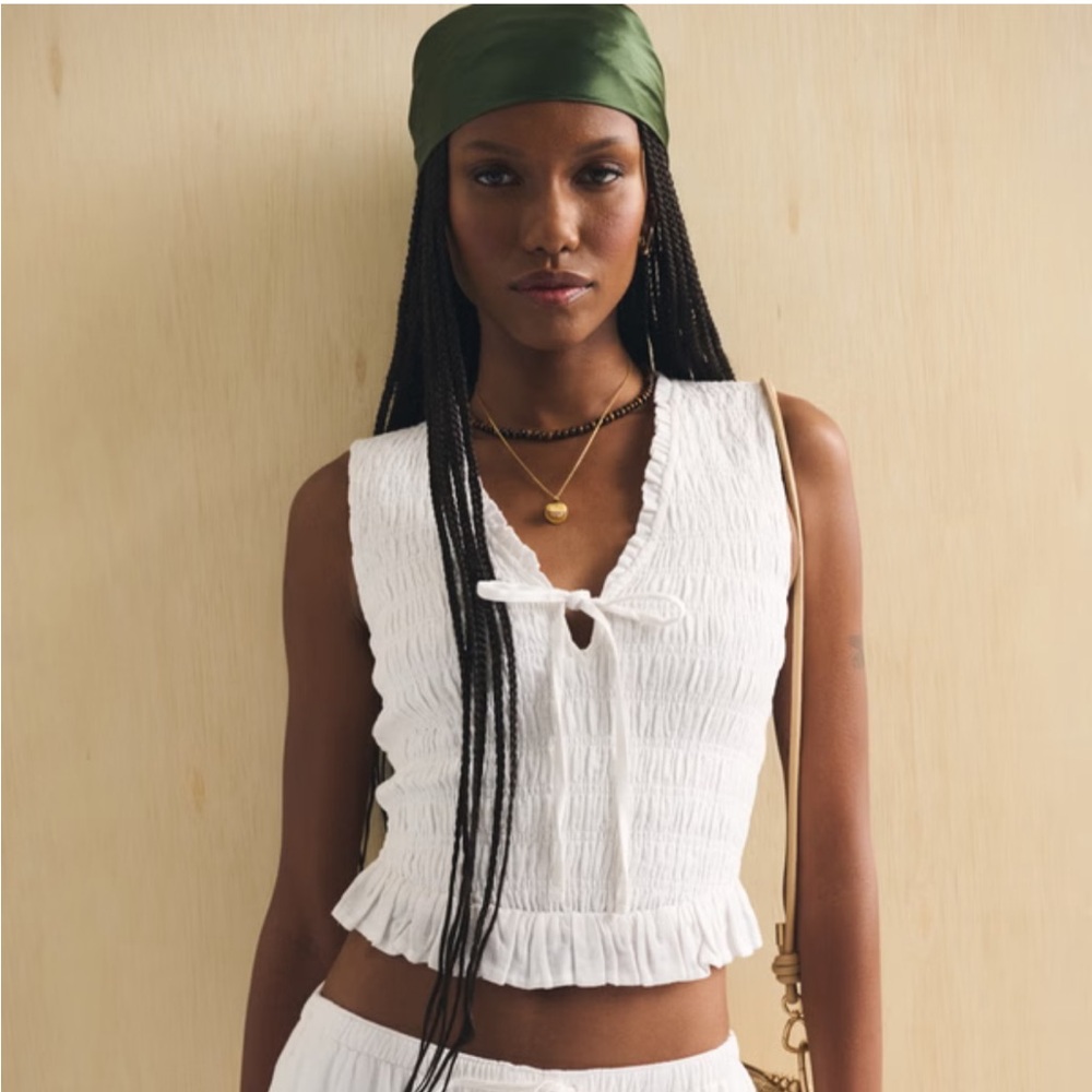 Abercrombie & Fitch Linen Blend White Smocked Tie-Front Top